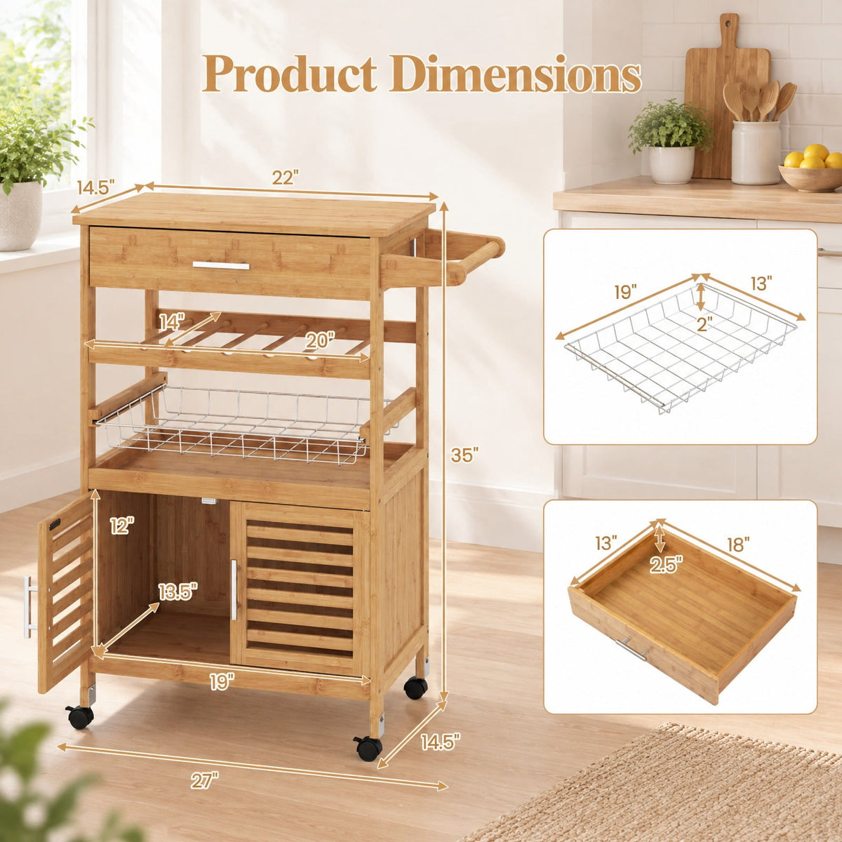 Airfind Bamboo Rolling Kitchen Island Trolley with Storage Cabinet and Wine Rack, 66 lbs Capacity, Bamboo Engineered Wood Metal Frame, Natural