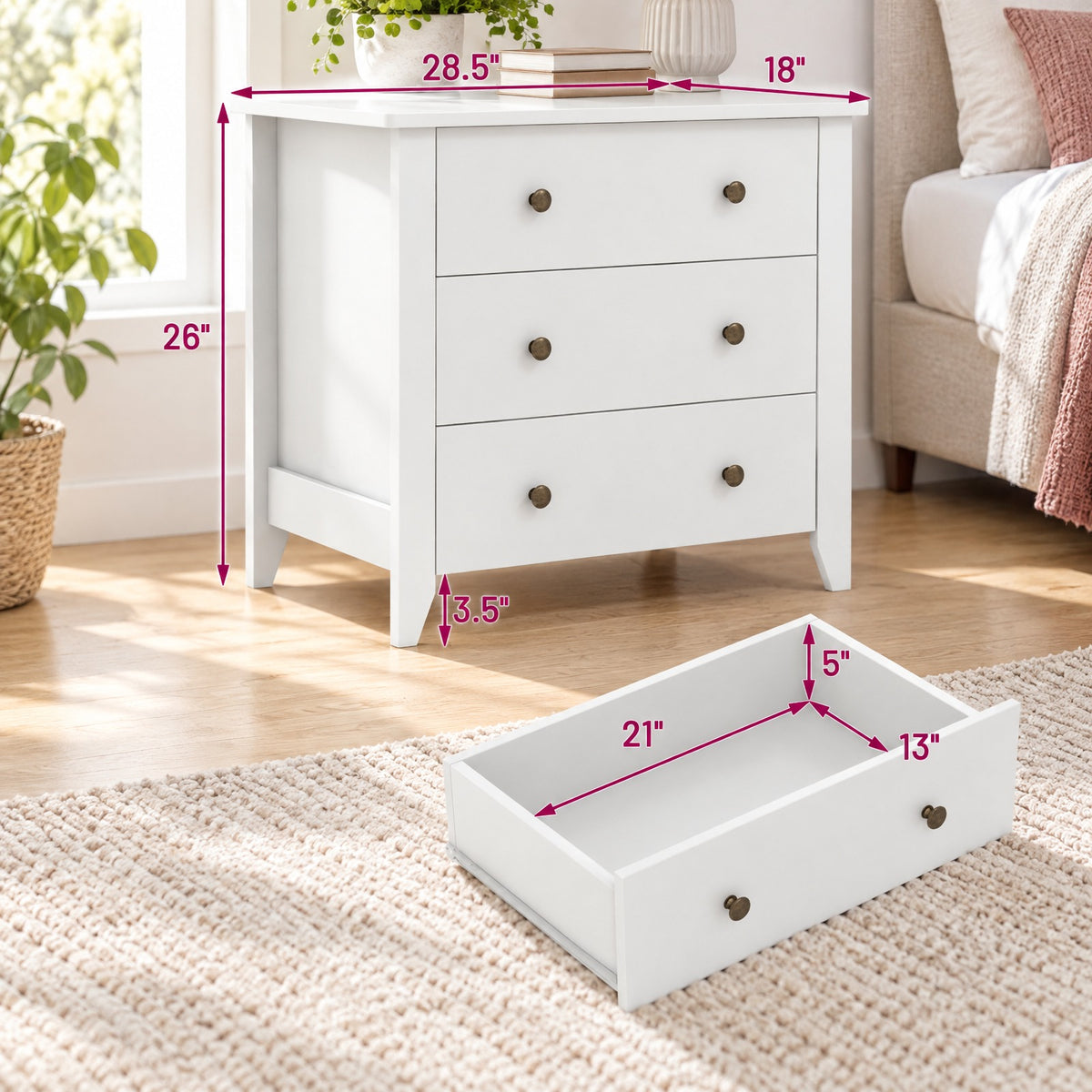 Airfind 3 Drawer Dresser Chest of Drawers Bedside Table, MDF Frame, 28in x 18in x 26in Footprint, White