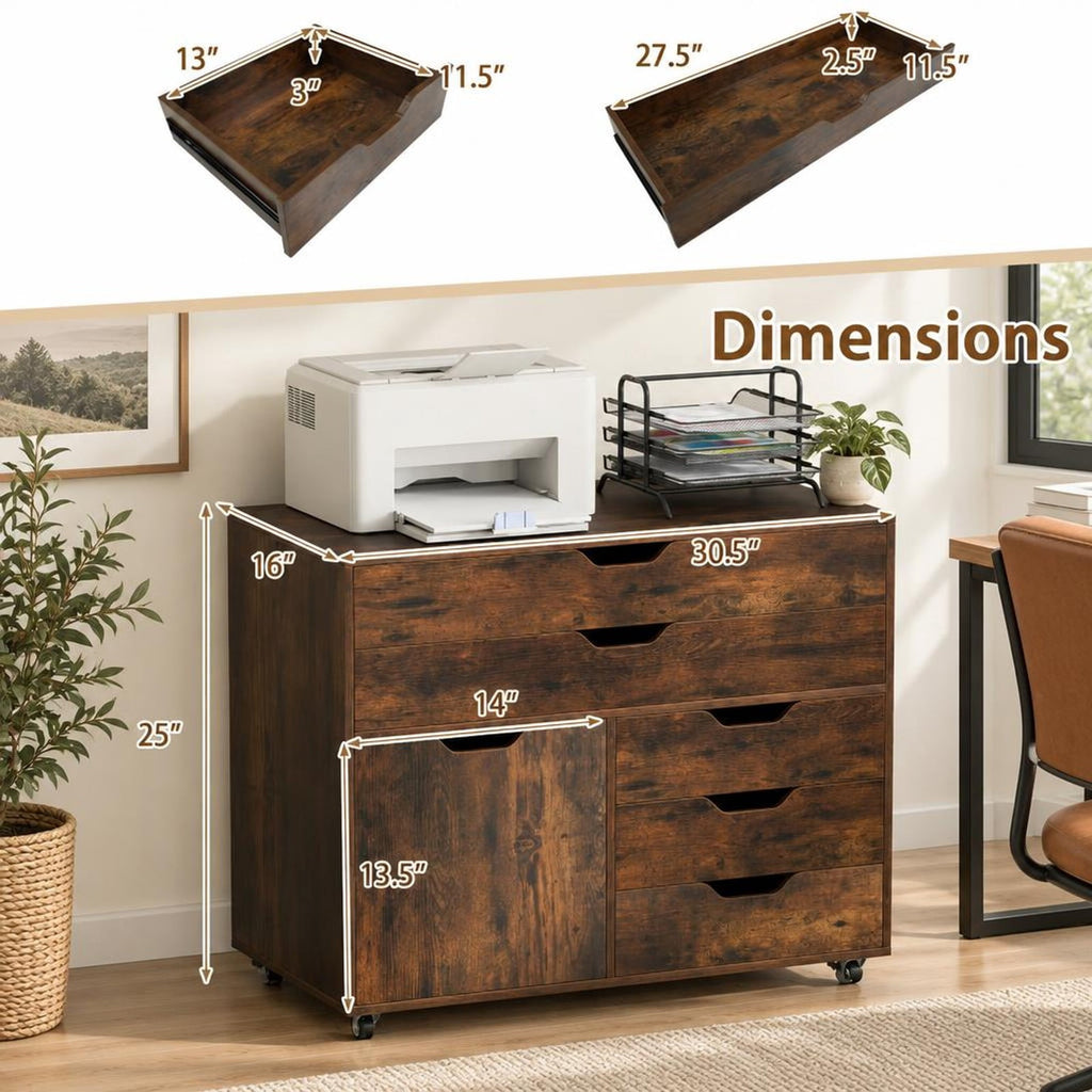 Airfind Modern Vertical 5-Drawer Mobile Chest with Door 5 Casters, 220 lbs Capacity, Engineered Wood MDF Metal Frame, 30.5in x 16in x 25in Footprint
