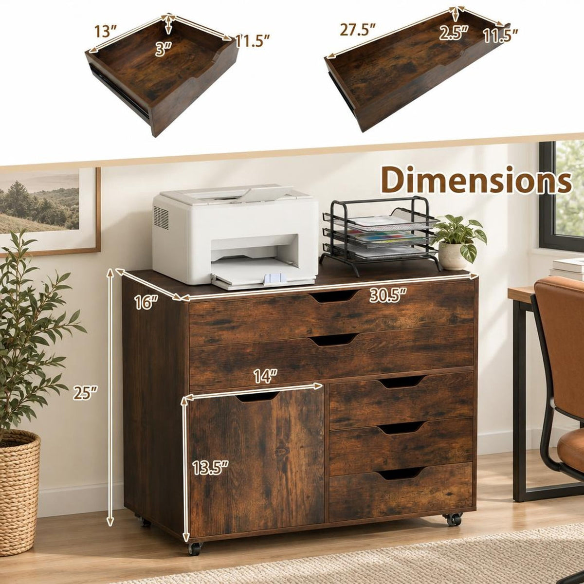 Airfind Modern Vertical 5-Drawer Mobile Chest with Door 5 Casters, 220 lbs Capacity, Engineered Wood MDF Metal Frame, 30.5in x 16in x 25in Footprint