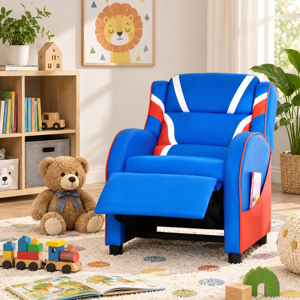 Airfind Kids Leather Recliner Chair with Side Pockets, Solid wood PU leather sponge plastic iron Frame, for 3-9 years old, Blue