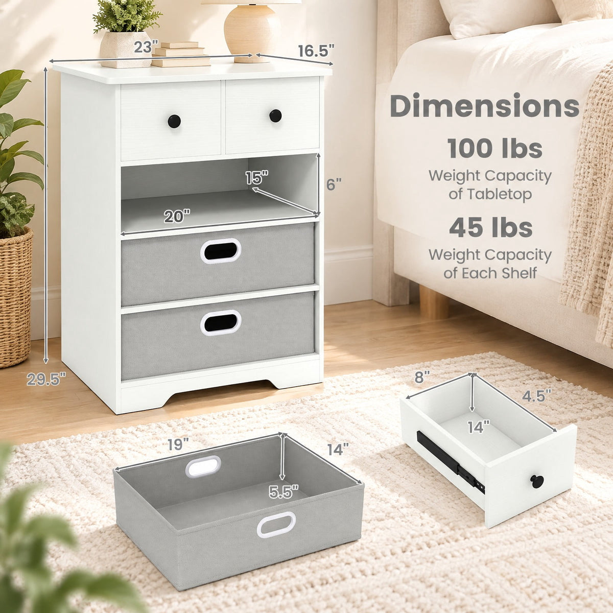 Airfind 4-Drawer Dresser Modern Chest Storage Organizer with Open Shelves, 100 lbs Capacity, Engineered Wood MDF Fabric Frame, White