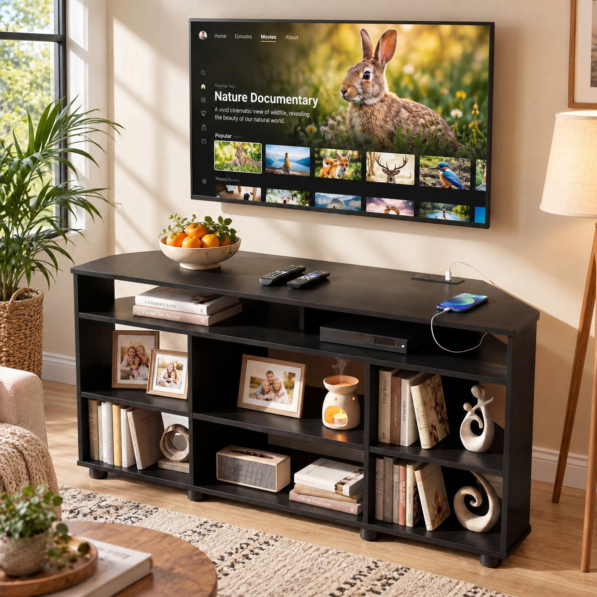 Airfind Corner Entertainment Center TV Stand for TVs up to 55 Inch, 90 lbs Capacity, Engineered Wood Frame, 46.5 x 16 x 21.5 Footprint, Black