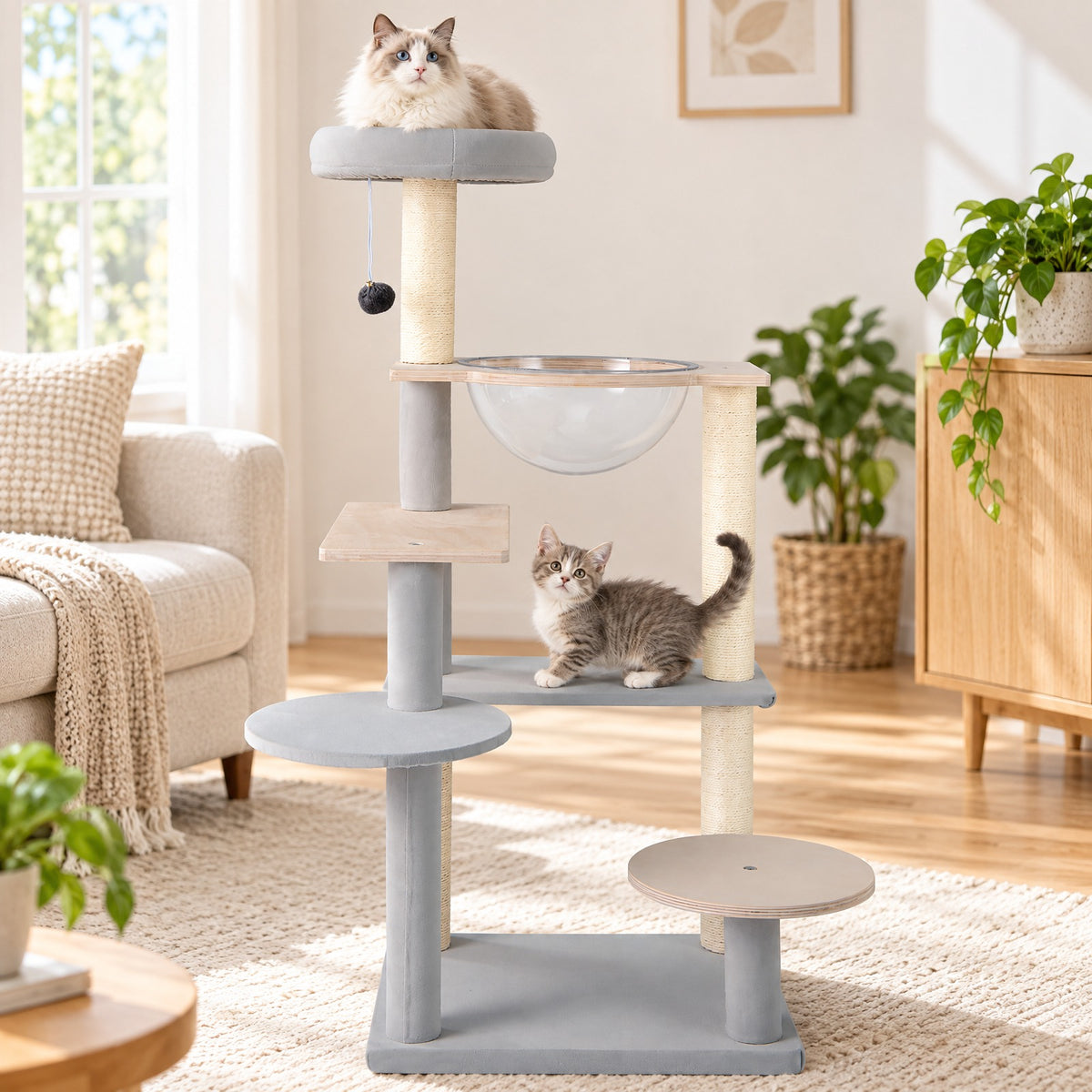Airfind Modern Cat Tree 44 Inch Multi-level Cat Tower with Removable Padded Top Perch, 22 Lbs Capacity with Solid Plywood Sisal Engineered, Natural