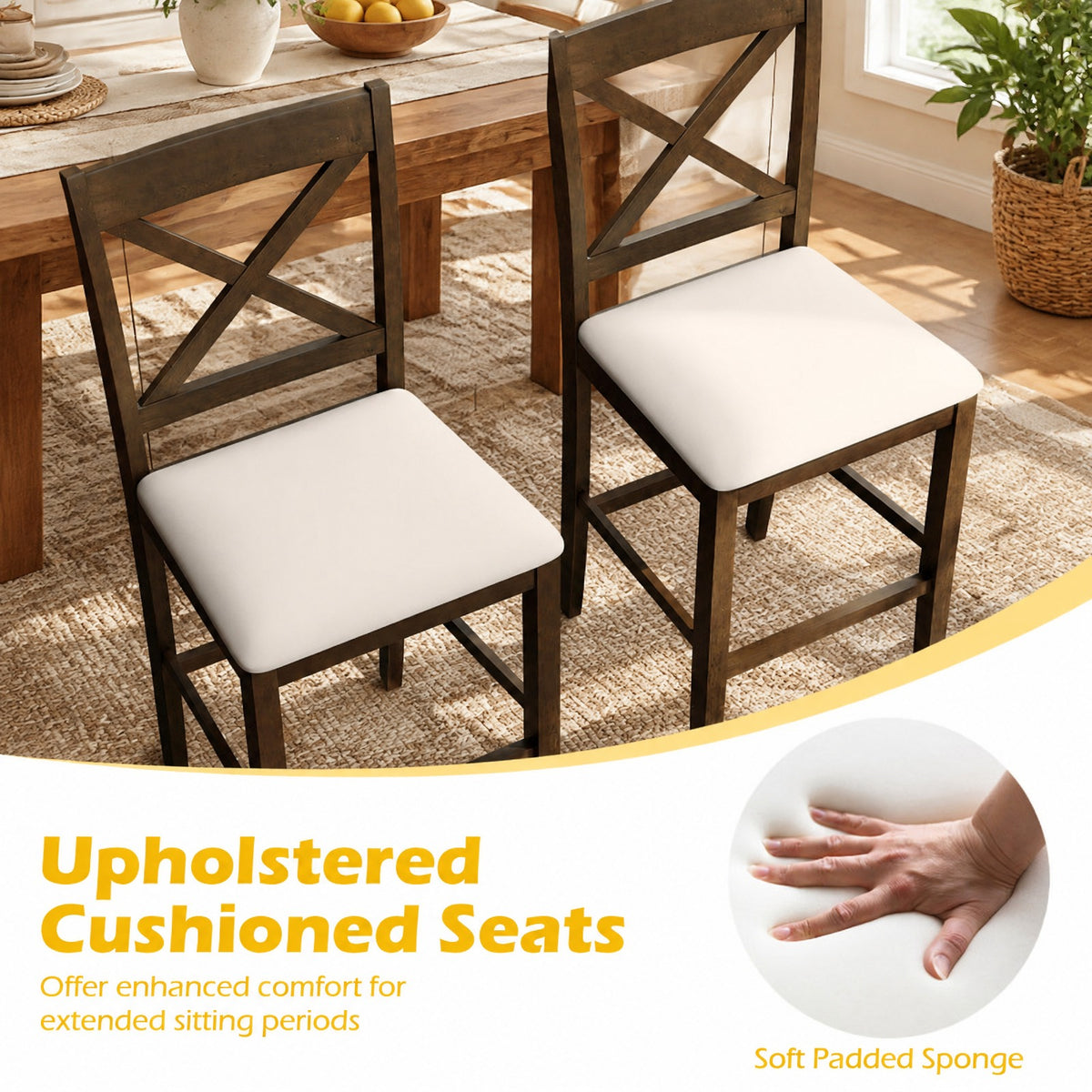 Airfind Set of 2 X-Back Bar Stools with Upholstered Cushioned Seats, 330 lbs Capacity, Rubber Wood Linen Fabric Sponge Frame, Brown