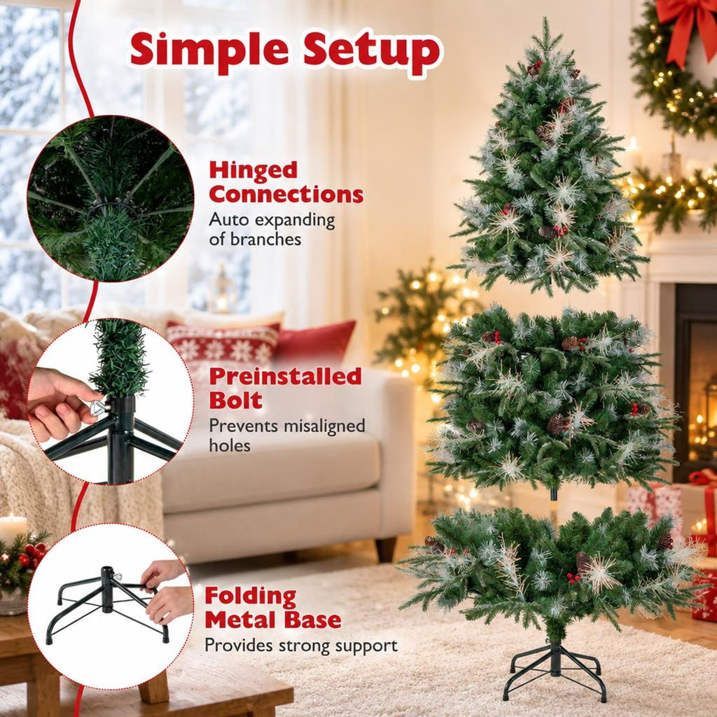Airfind 6 Feet Pre-Lit Artificial Christmas Tree with 8 Modes LED Lights with Berries, PVC PE PET Metal 5 Feet Frame, 3 x 5 ft Footprint, Green