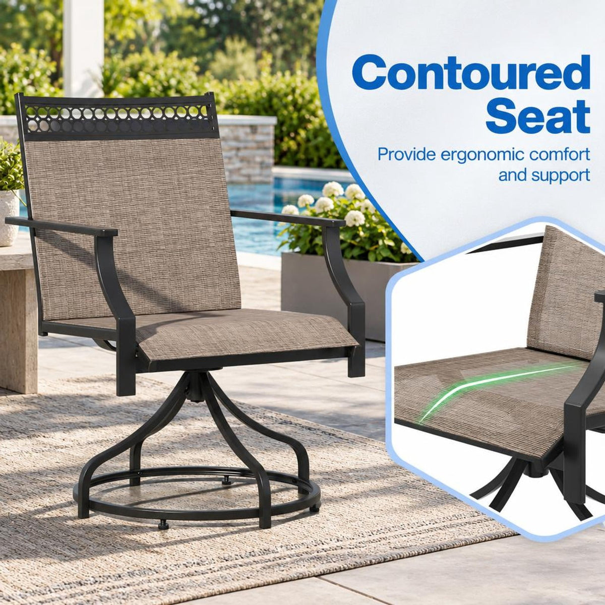 Airfind Patio Swivel Dining Chairs Set of 2 with Heavy-duty Metal Frame and Armrests, Chair 400 lbs Capacity, Fabric Metal PP Frame, Brown