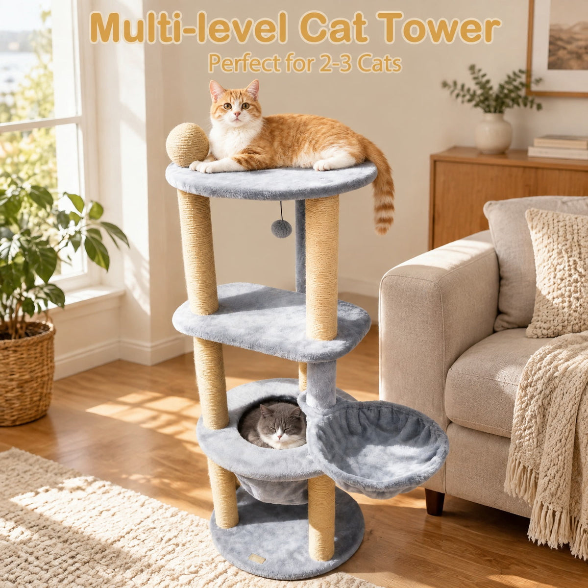 Airfind 47 Inches Tall Cat Tower with Cat Nest and Scratching Posts, 33 lbs Capacity, Engineered Board Plush Jute Total Height 47 Base Frame, Gray