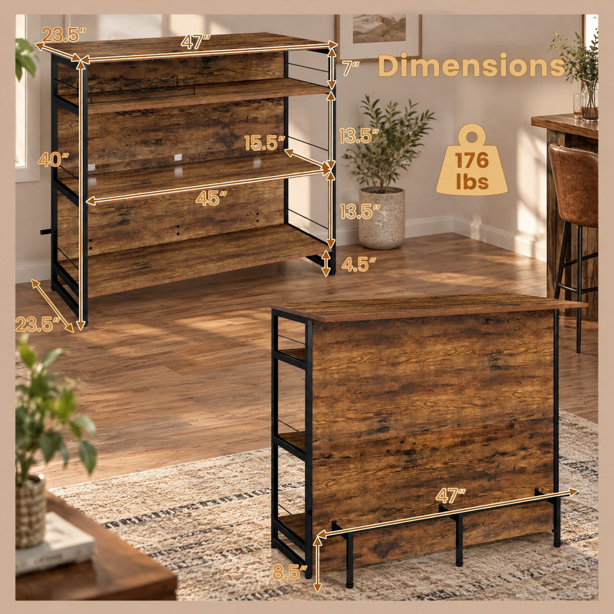 Airfind 4-Tier Mini Bar Kitchen Island with Footrest and Wine Rack, 44 lbs Capacity, Engineered Board Metal Frame, 47 Inch x 23.5 Inch x 40 Inch Footprint