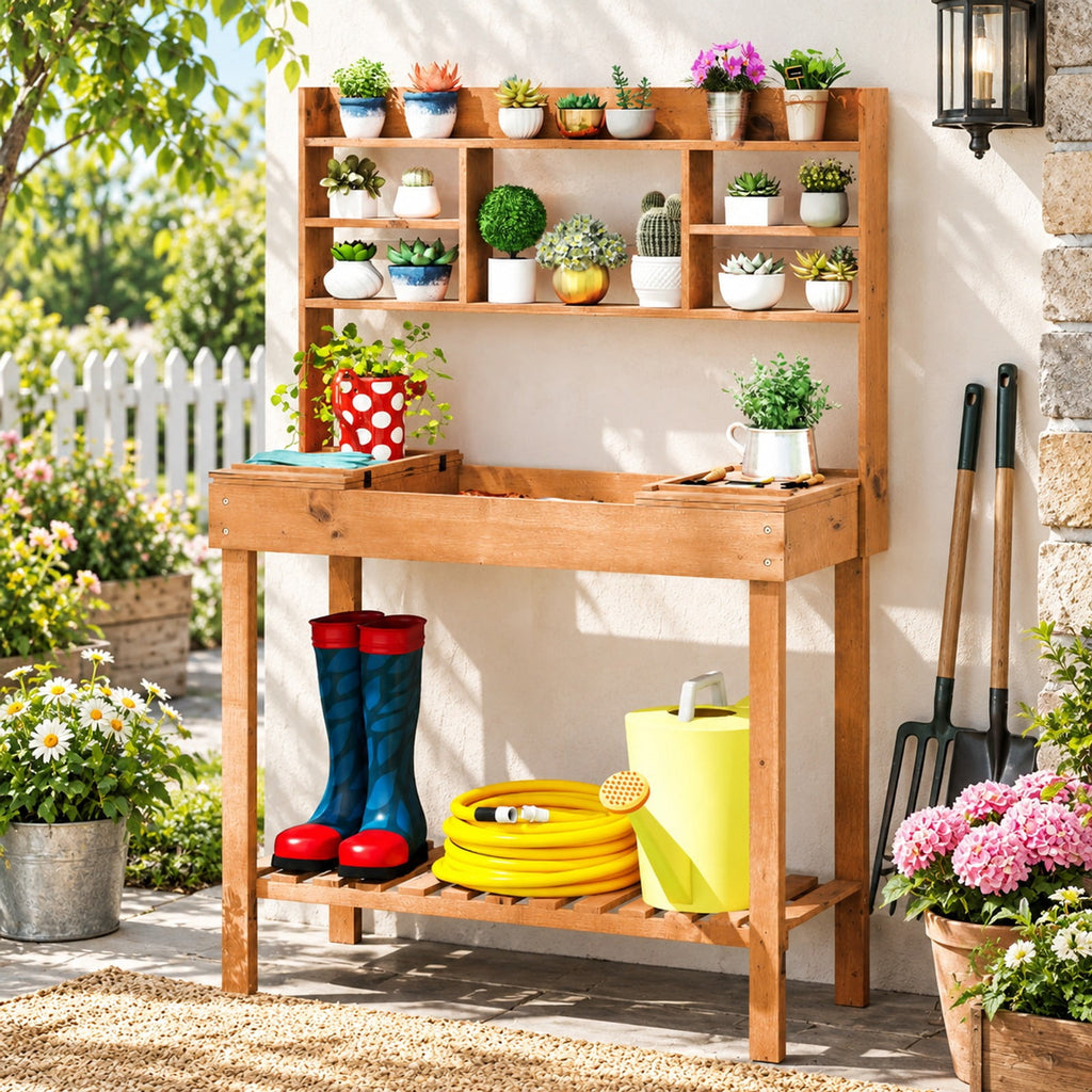 Airfind Wooden Potting Bench Table Garden Planting Workstation with 3-Tier Open Shelf, 22 lbs Capacity, Fir Wood Frame, Brown