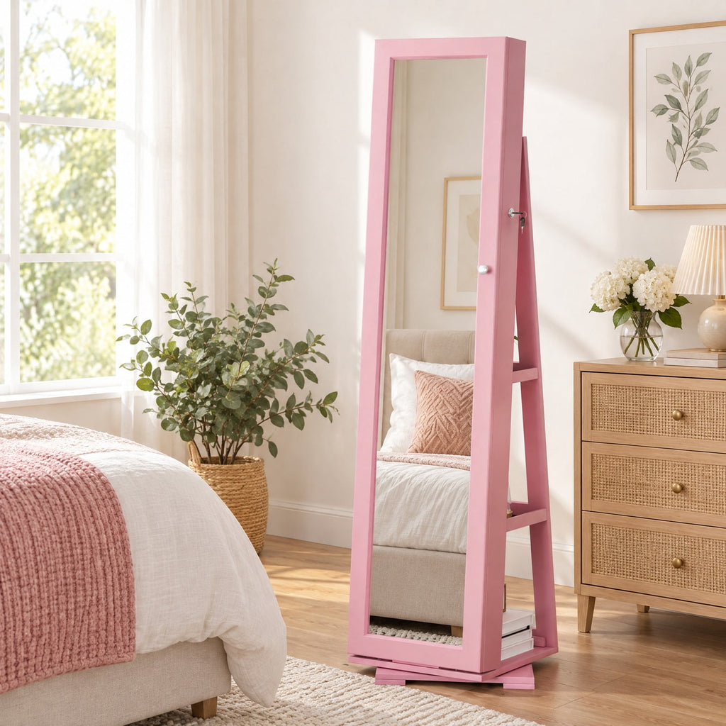 Airfind 360° Rotatable 2-in-1 Lockable Jewelry Cabinet with Full-Length Mirror, P2 MDF, 15 Inch x 15 Inch x 63.5 Inch (L x W x H) External, Pink