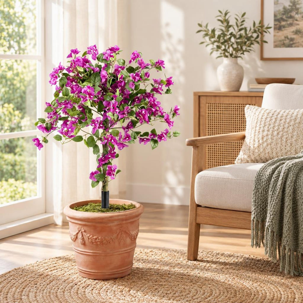Airfind 2 Pack Artificial Bougainvillea Trees with Ground Spike and PE Trunks for Porch, Pink + Green