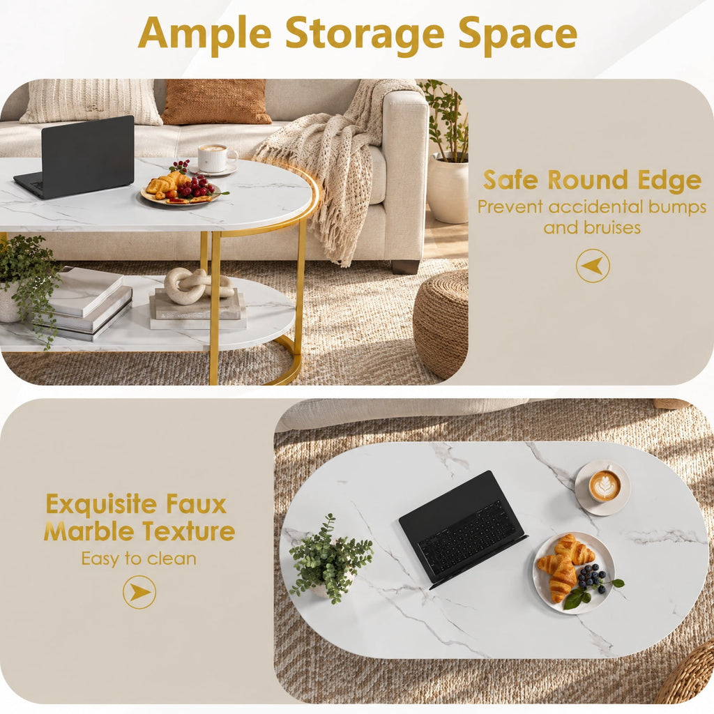 Airfind Oval Coffee Table 2-Tier Wooden Accent Table with Spacious Tabletop and Open Storage Shelf, Engineered Board Metal Frame, White