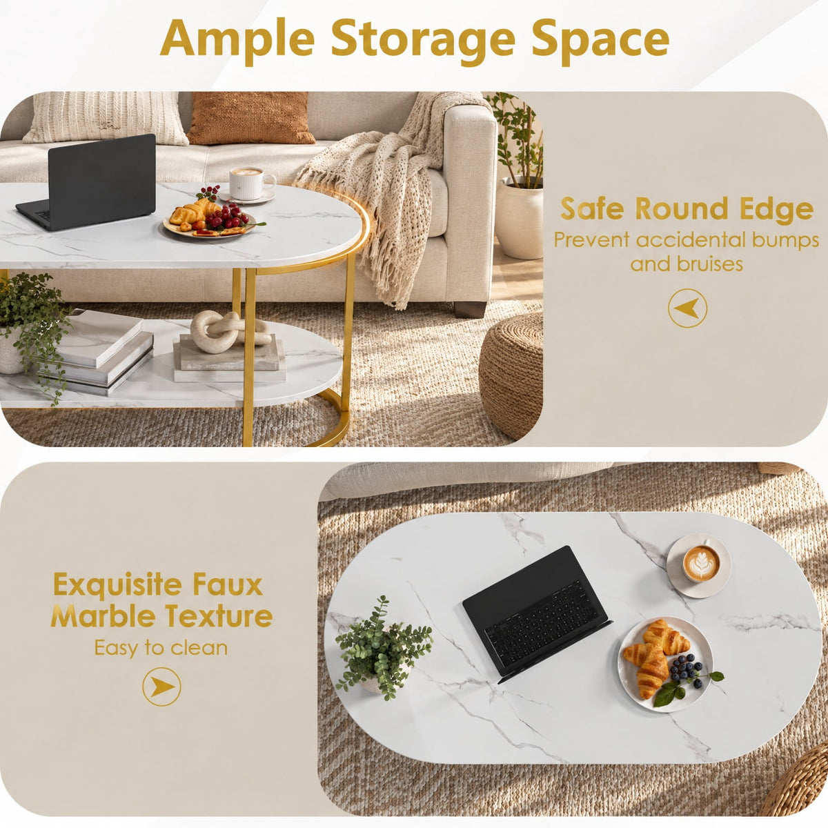 Airfind Oval Coffee Table 2-Tier Wooden Accent Table with Spacious Tabletop and Open Storage Shelf, Engineered Board Metal Frame, White