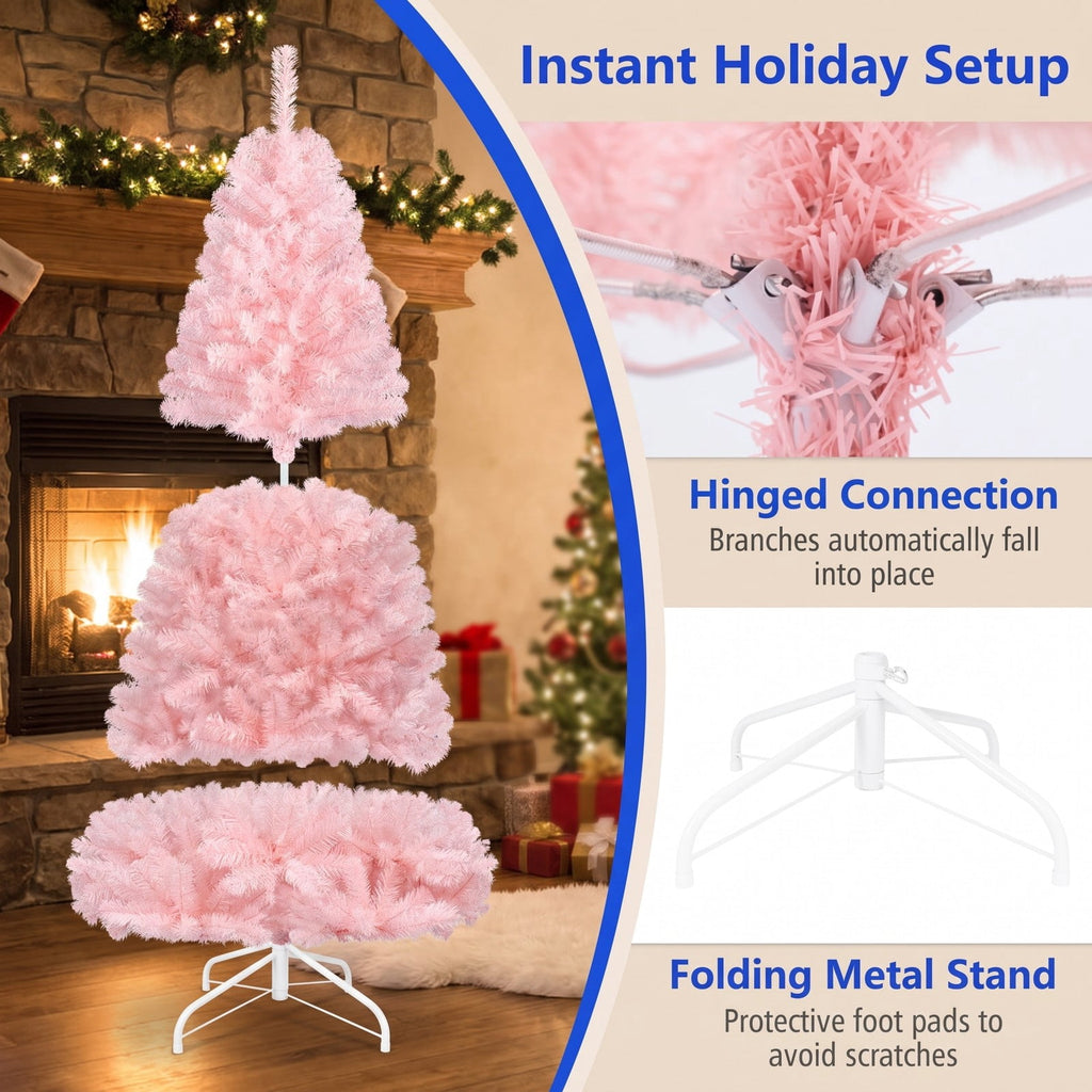 Airfind 6/7 Feet Artificial Christmas Tree Hinged Full Fir Tree-6 Feet, PVC Metal Tree Height 7 ft 6 ft Tree Width 4.1 ft 3.4 ft Frame, Pink