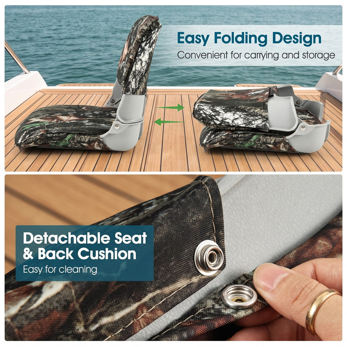 Airfind Low Back Folding Padded Boat Seat with Oxford Fabric Cover and 4 Bolts for Fishing and Sightseeing Boats, Camouflage