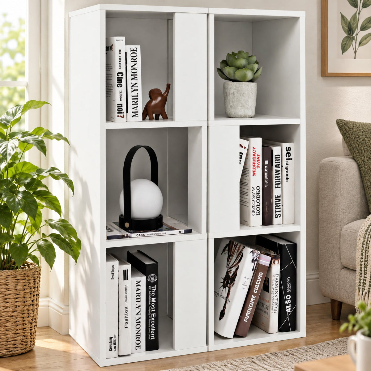 Airfind 3-Tier 6 Cube Freestanding Bookcase with Anti-toppling Device, 44 lbs Capacity, Engineered wood Frame, 13 x 13 x 39.5 Footprint, White