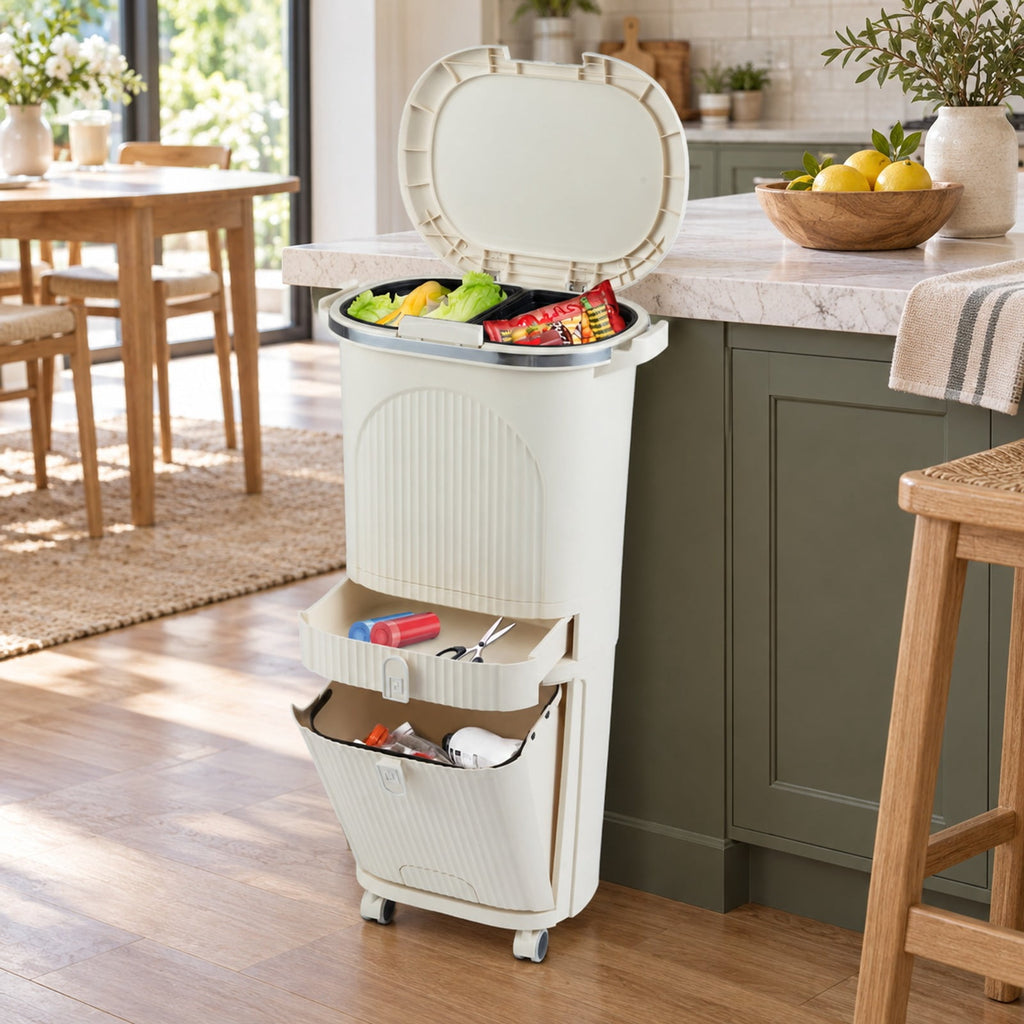 Airfind 11 Gallon 3-Layer Kitchen Trash Can with Lid and 2 Removable Buckets, PP Frame, 17in x 11.5in x 32.5in Overall Height (Open) 43in Footprint