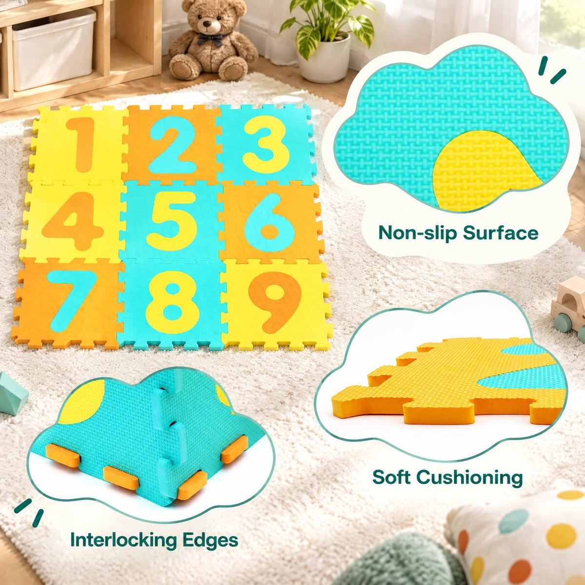 Airfind 9 Pieces Interlocking Foam Puzzle Floor Mat with 3 Marker Discs, EVA Foam Single Piece Frame, for 10 Months+, 71.5 Inch x 24.5 Inch Footprint