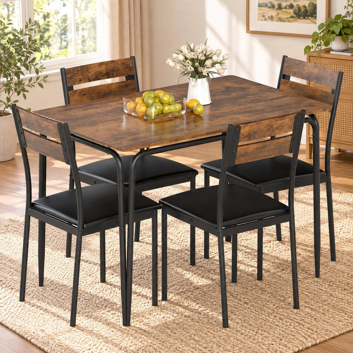 Airfind 5-Piece Dining Table Set Industrial Rectangular Kitchen Table and 4 Armless Chairs, 220 lbs Capacity, MDF Metal PU Leather Sponge Frame