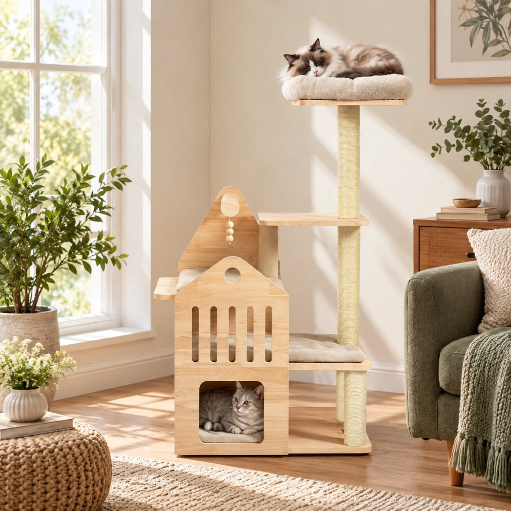 Airfind 48.5in Multi-Level Solid Wood Cat Tree for Indoor Cats with Padded Top Perch Cat Condo and Sisal Scratching Posts, Beige