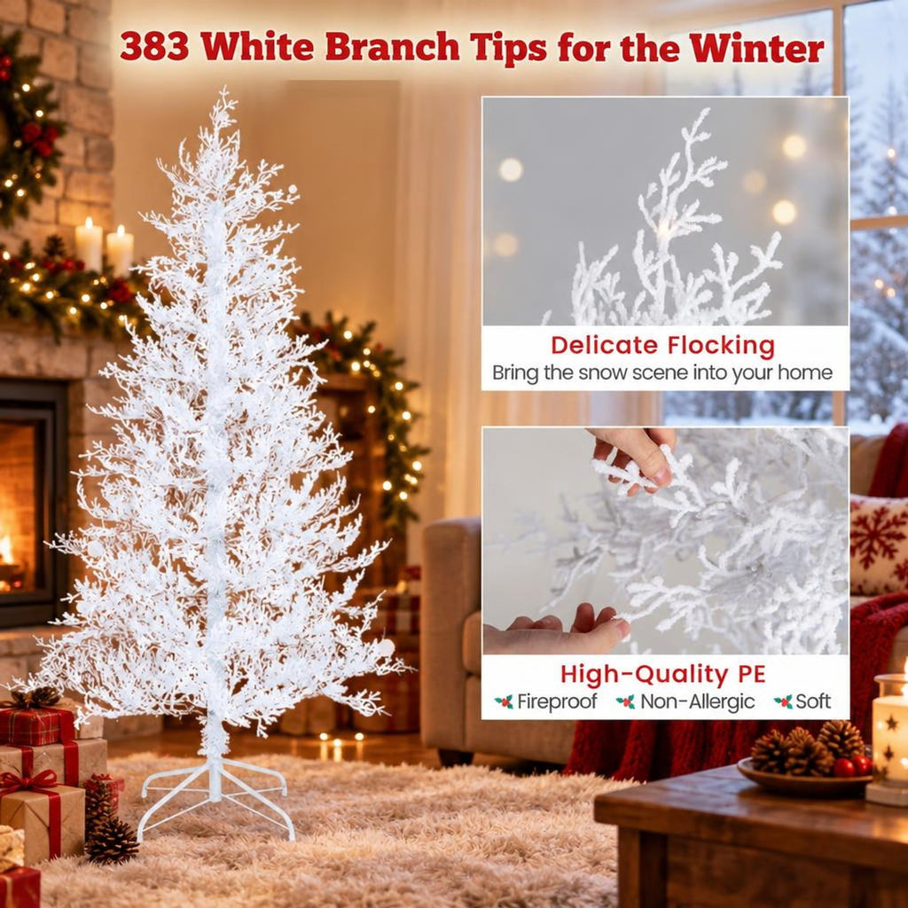 Airfind 6 Feet Artificial Xmas Tree with 383 PE Branch Tips and 300 LED Lights, PE flocking metal Tree height 6 ft Tree width 3.3 ft Frame, White
