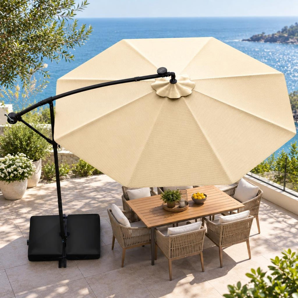 Airfind 10 Feet Cantilever Umbrella with 32 LED Lights and Solar Panel Batteries, Polyester Fabric Metal Oxford Fabric Frame, Beige