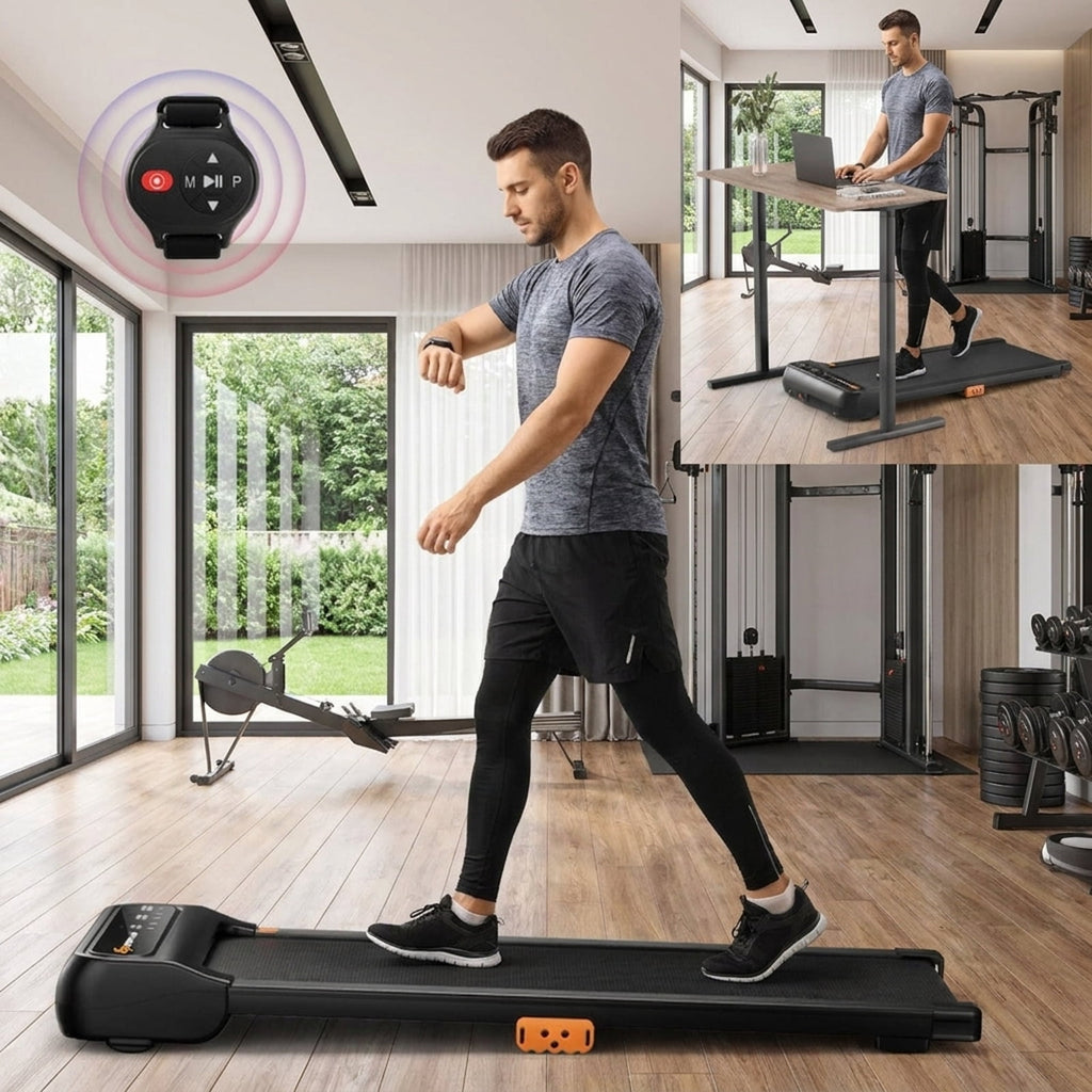 Airfind Under Desk Walking Pad Treadmill for home and office with watch-like remote control plus 7-layer belt and 14 shock absorbers for small spaces, Black