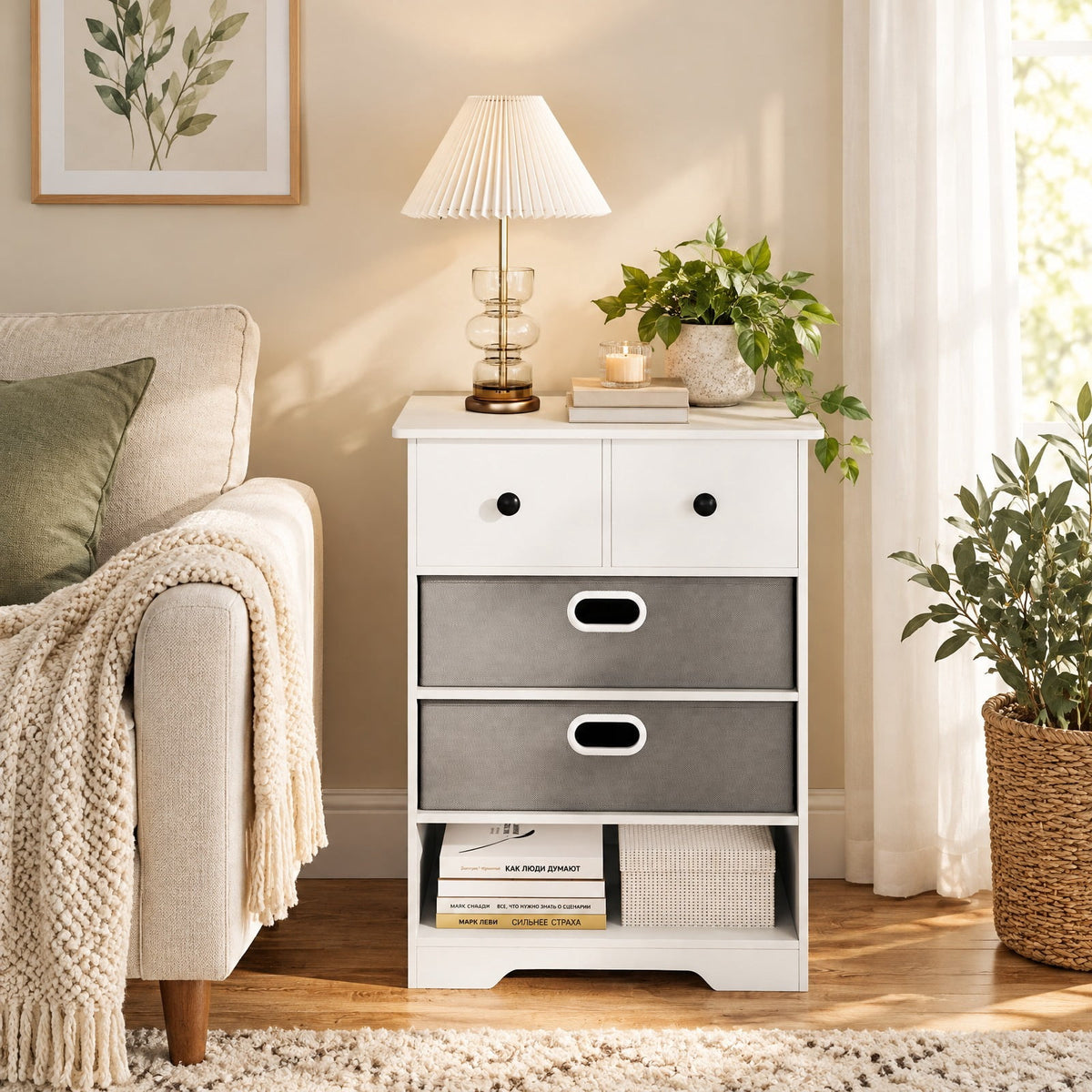 Airfind 4-Drawer Dresser Modern Chest Storage Organizer with Open Shelves, 100 lbs Capacity, Engineered Wood MDF Fabric Frame, White