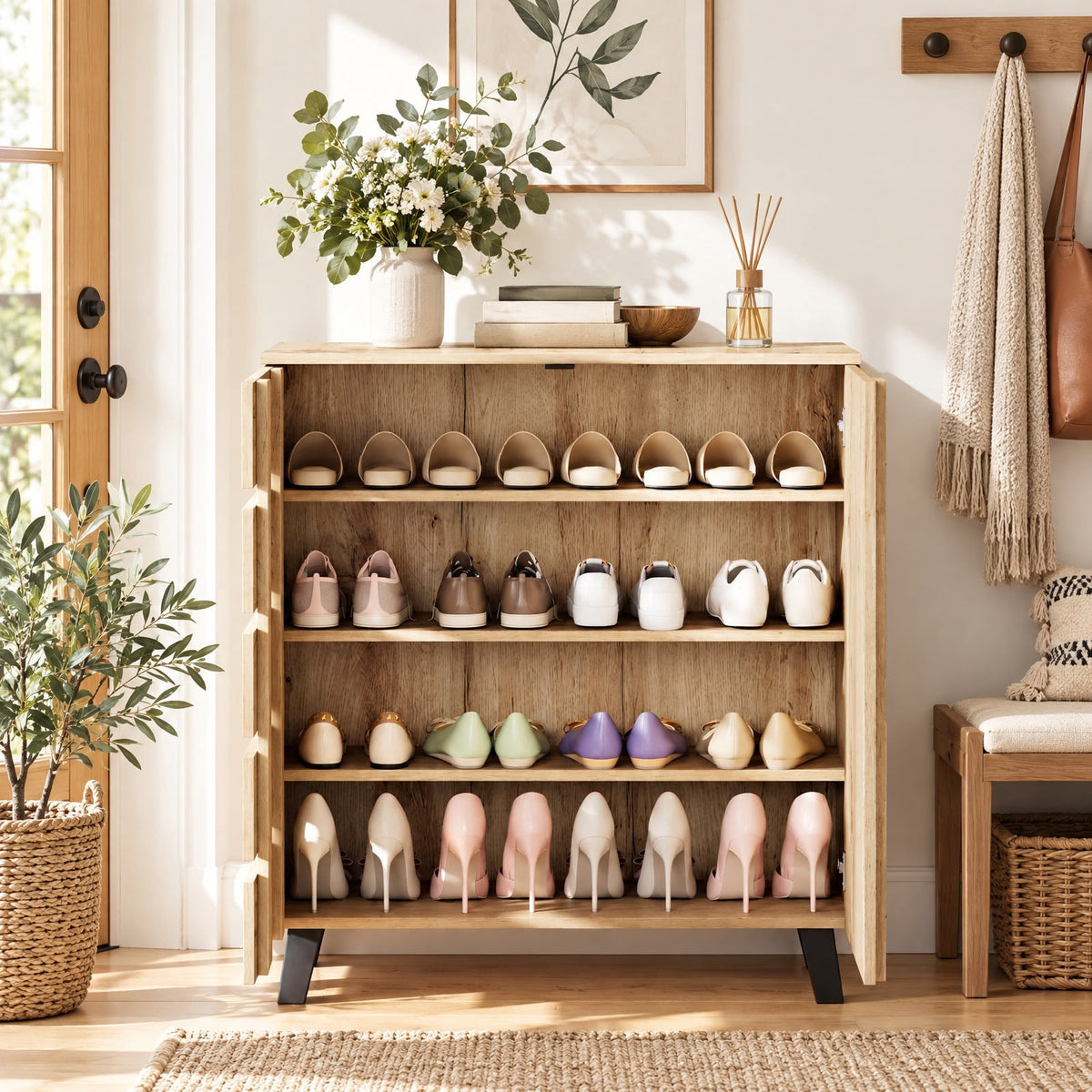 Airfind 4-Tier Shoe Cabinet 2-Door Storage Organizer with Louvered Door, 90 lbs Capacity, MDF Engineered Wood Frame, 31.5 x 13 x 34.5 Footprint