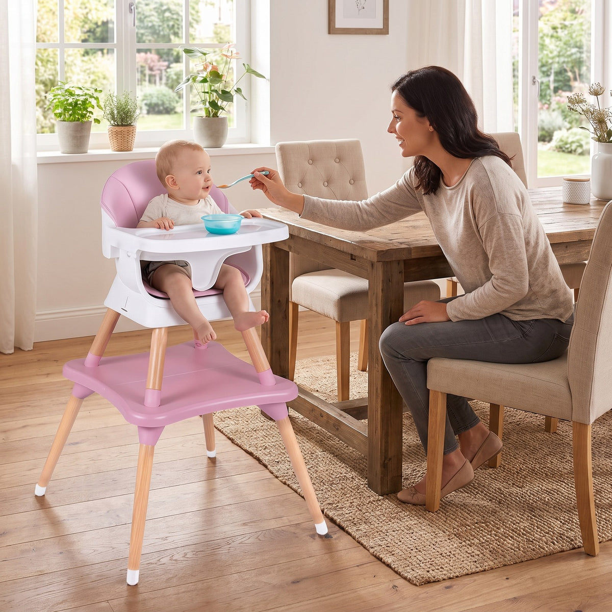 Airfind 9-in-1 Convertible High Chair with Solid Wood Legs for Babies and Toddlers, 33 lbs Capacity, PP Frame, for 6 months to 3 years old, Pink