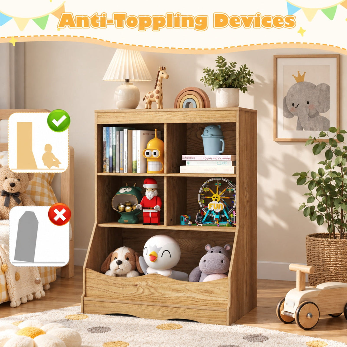 Airfind 3-Tier Youth Multi-Functional Bookcase Toy Storage Bin Floor Cabinet, 66 Lbs Capacity, MDF Engineered Wood, Natural