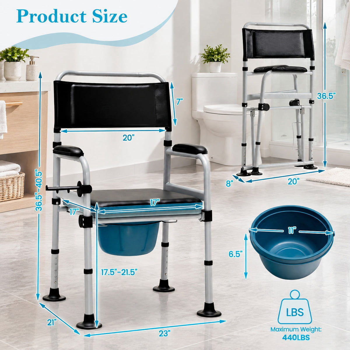 Airfind 4-in-1 Folding Bedside Commode Chair with Detachable Bucket and Towel Holder, 440 lbs Capacity, Carbonized Steel PVC Leather Frame, Silver