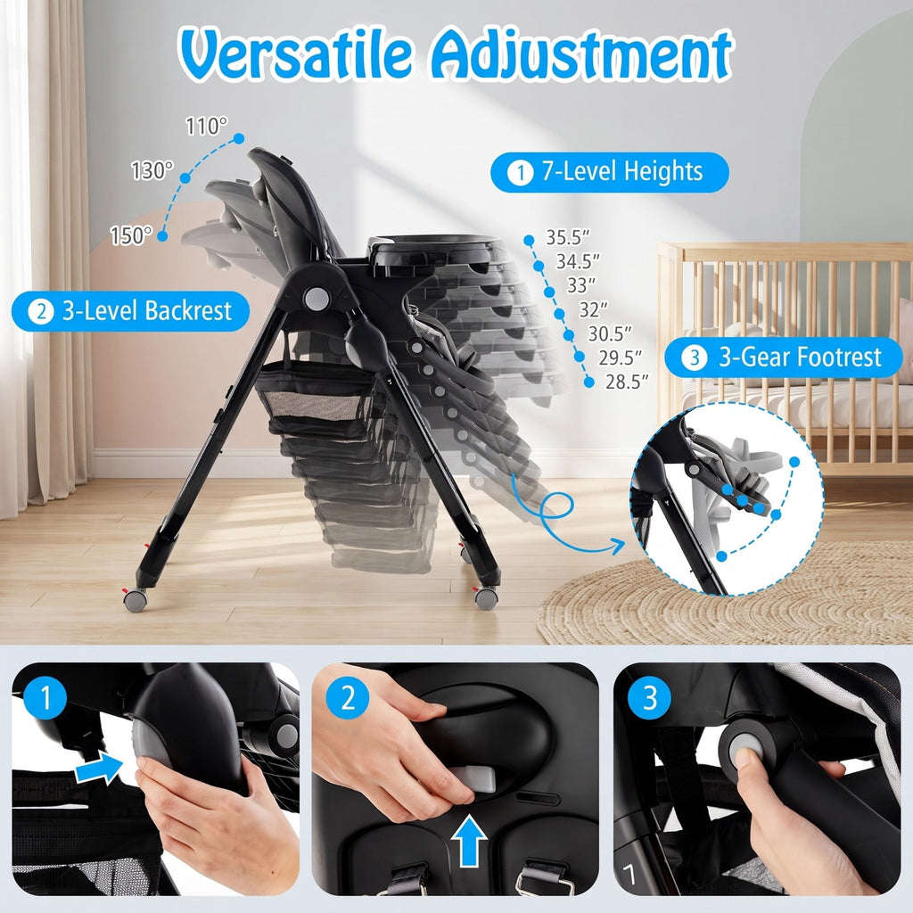 Airfind Multifunctional Folding Youth High Chair with Rolling Wheels and Adjustable Height, 33 lbs, PP Metal PU Construction, Unspecified