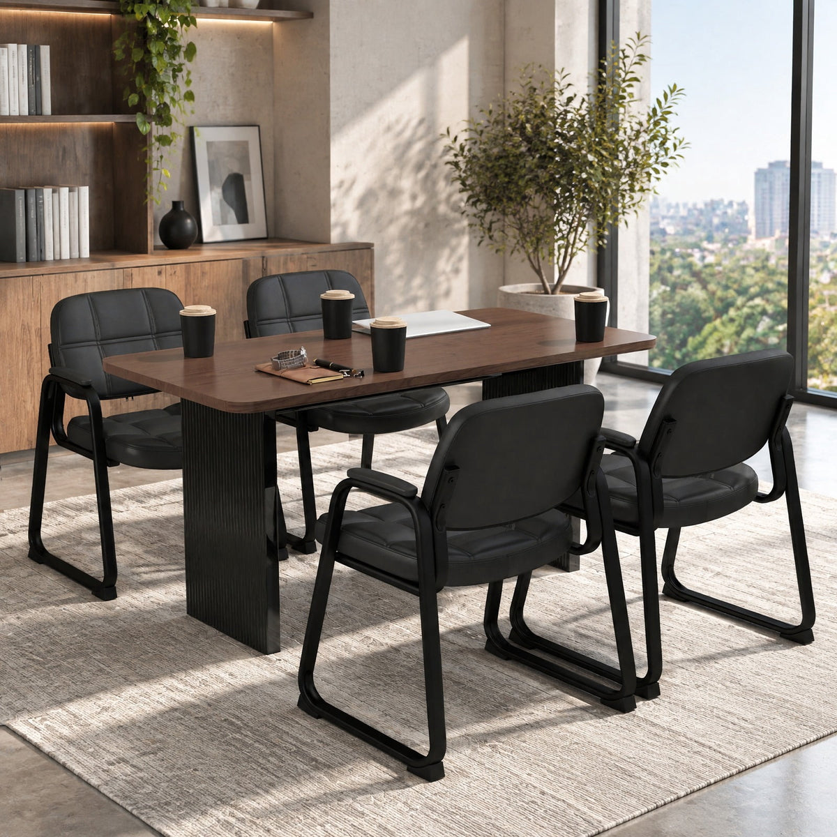 Airfind Set of 4 Upholstered Waiting Room Chair with Armrest and Ergonomic Backrest, 330 lbs Capacity, PU Leather Sponge Metal Frame, Black