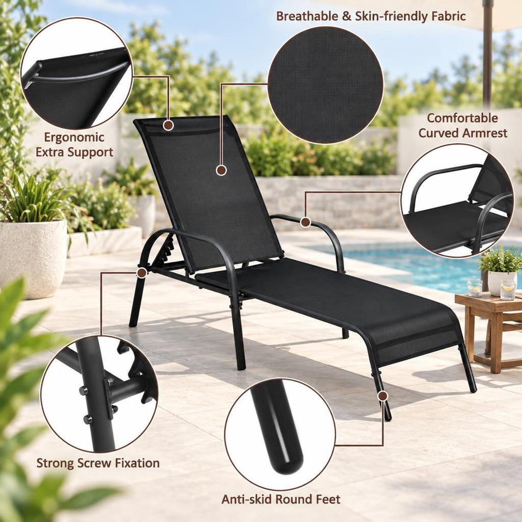 Airfind 2 Pcs Outdoor Patio Lounge Chair Chaise Fabric with Adjustable Reclining Armrest, Fabric Steel Horizontal Frame, Black