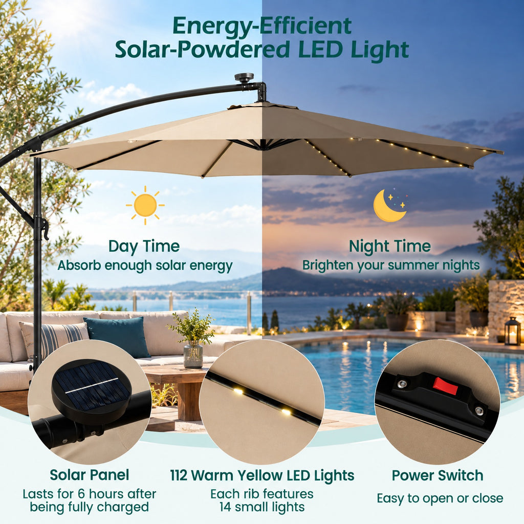 Airfind 10 Feet Patio Offset Umbrella with 112 Solar-Powered LED Lights, Polyester Fabric Metal Frame, 10 x 8 ft Footprint, Beige