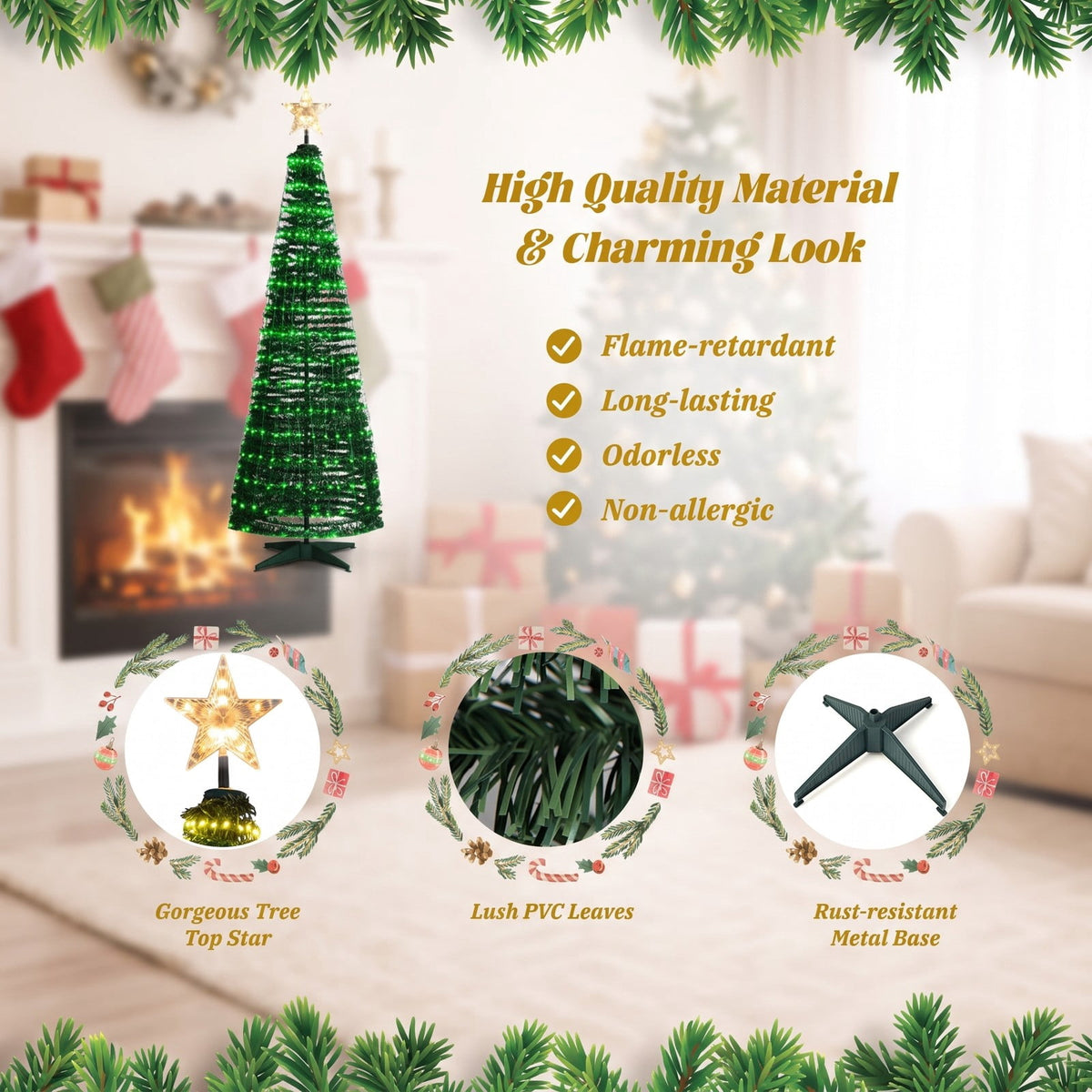 Airfind 6.2 Feet Pop-up Lighted Christmas Tree with 282 RGB LED Lights, PVC PP steel Frame, 2 x 6.2 ft Footprint, Green