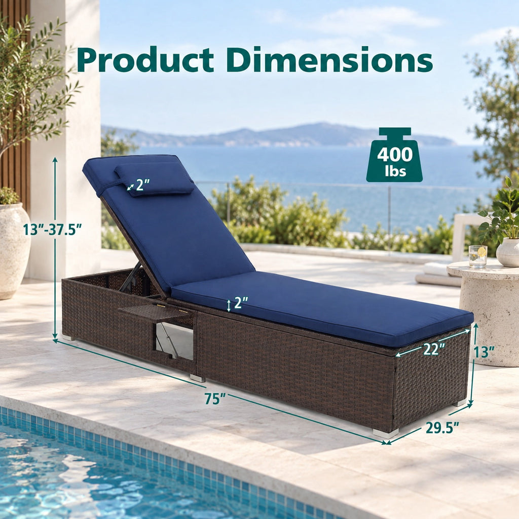 Airfind Outdoor PE RattanChaise Lounge with 6-level Backrest, 400 lbs Capacity, PE Rattan Metal Polyester Sponge Frame, Navy