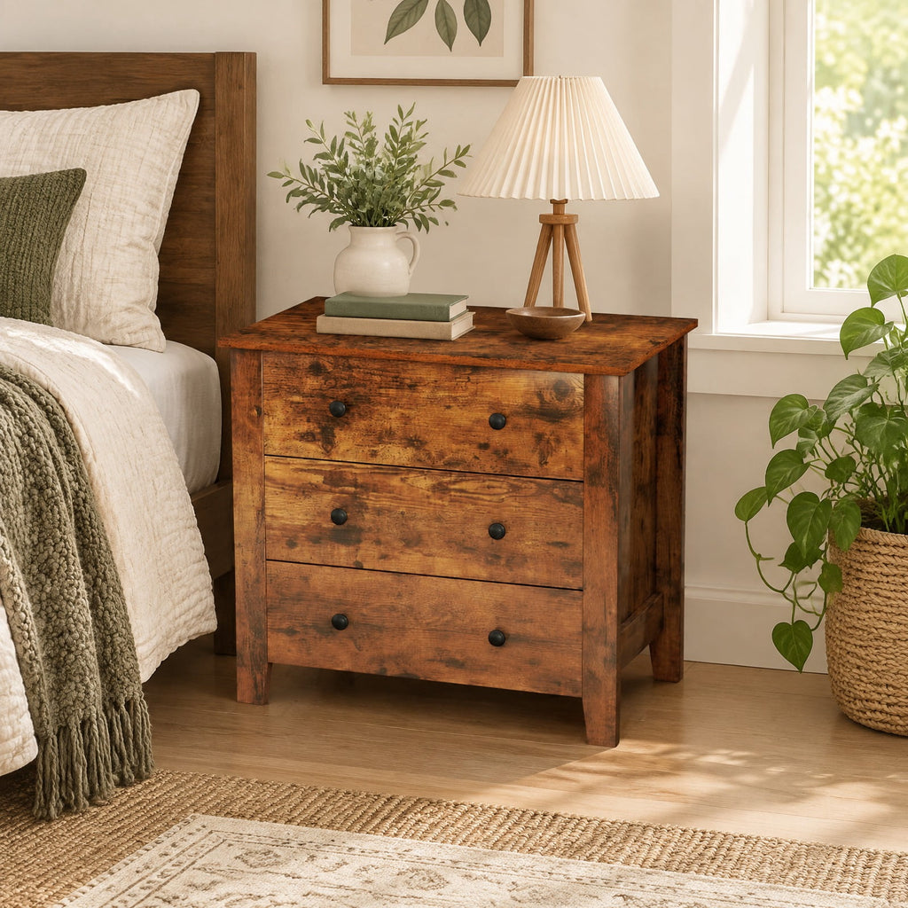 Airfind 3 Drawer Dresser Chest of Drawers Bedside Table, MDF Frame, 28in x 18in x 26in Footprint, Brown