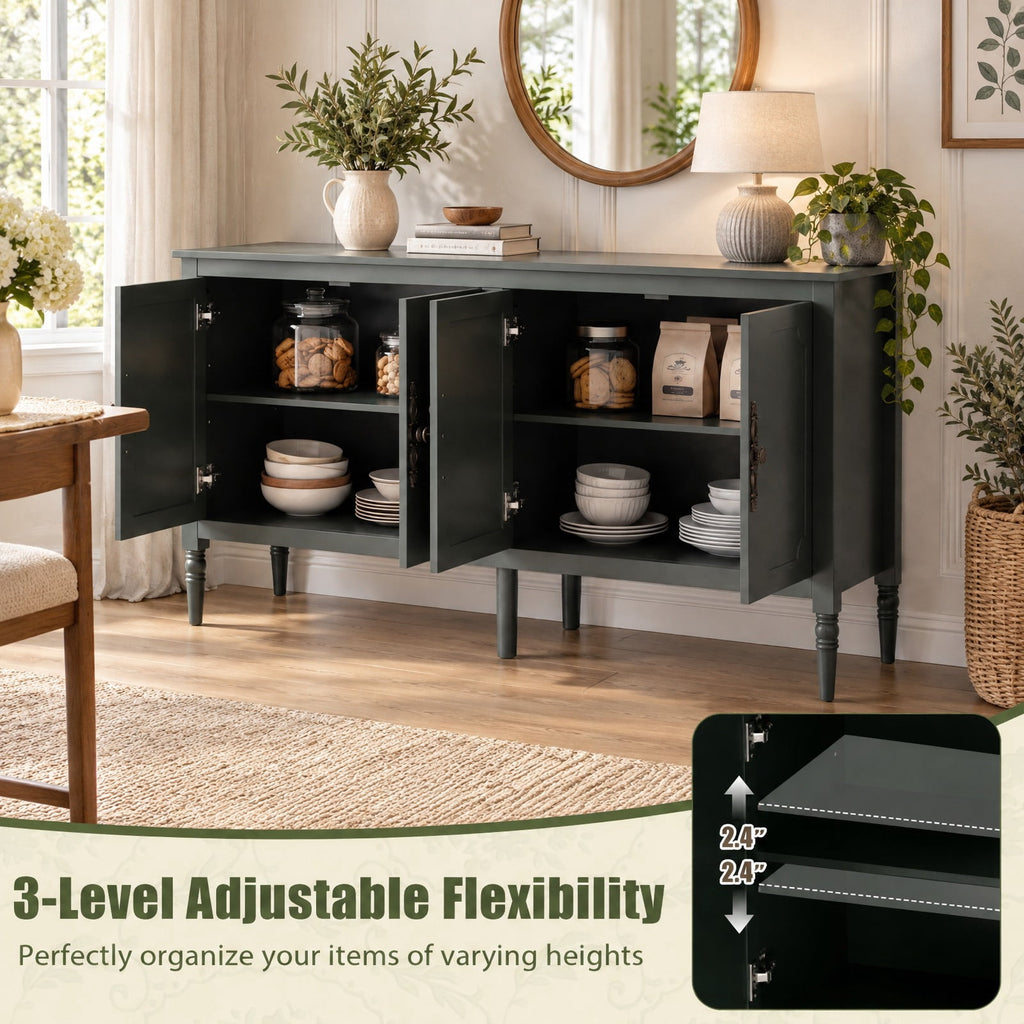 Airfind 58 Vintage Buffet Cabinet with Pine Wood Legs and Adjustable Shelves for Kitchen, 150 lbs Capacity, Engineered Wood Pine Wood Metal Frame