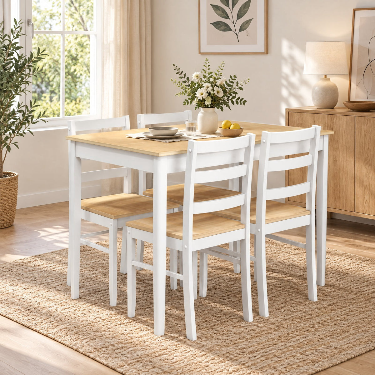 Airfind 5-Piece Wooden Dining Set with Rectangular Table and 4 Chairs, 200 lbs Capacity, Rubber Wood Acacia Wood Veneer MDF Plywood Frame, Natural