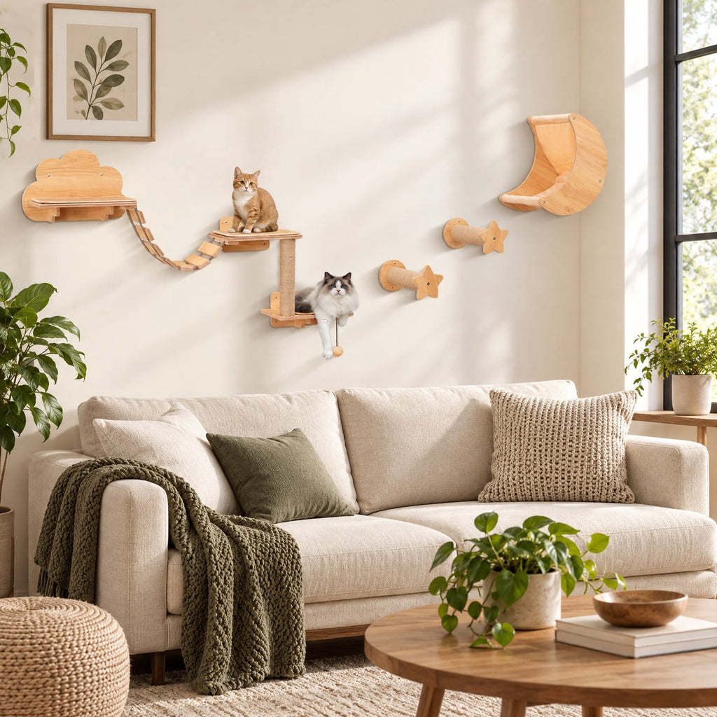Airfind Cat Wall Furniture Set Kitten Wall Mounted Shelves with Hammock, 22 lbs Capacity, Natural, Size of the Hammock 13 Inch x 12.5 Inch x 19 Inch