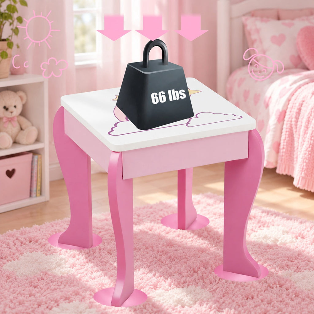 Airfind Kids Wooden Makeup Dressing Table and Chair Set with Mirror and Drawer, MDF Frame, 19 Inch x 14 Inch x 35 Inch Footprint, Pink