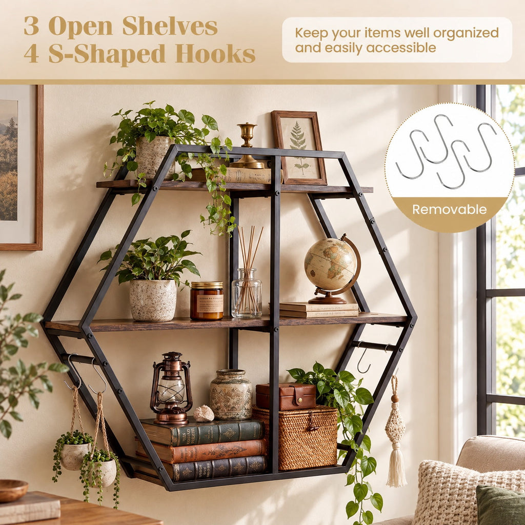 Airfind 3-Tier Geometric Bookcase with S-Shaped Hooks for Living Room, 80 lbs Capacity, Engineered Wood Metal Frame, Brown