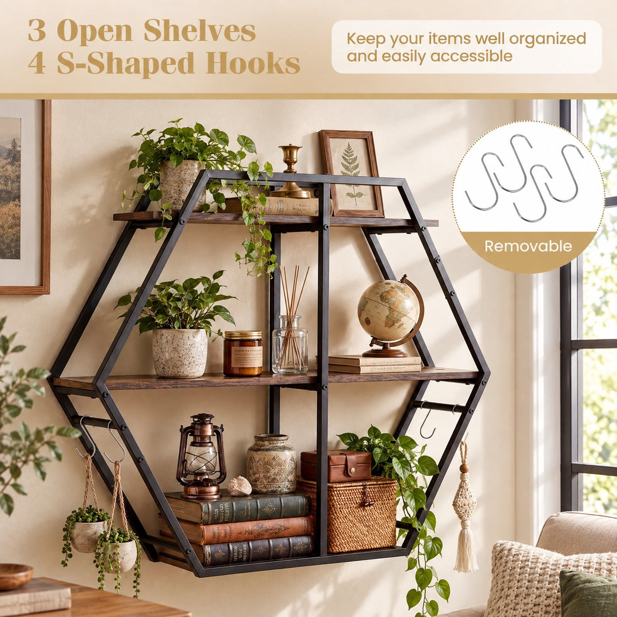 Airfind 3-Tier Geometric Bookcase with S-Shaped Hooks for Living Room, 80 lbs Capacity, Engineered Wood Metal Frame, Brown