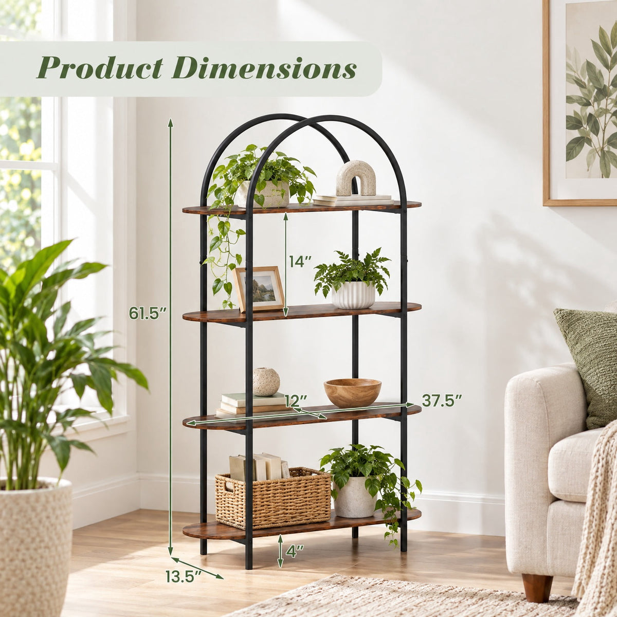 Airfind 4-Tier Open Bookcase with Sturdy Metal Frame for Living Room, 33 lbs Capacity, Metal Engineered Wood Frame, 37.5 x 13.5 x 61.5 Footprint