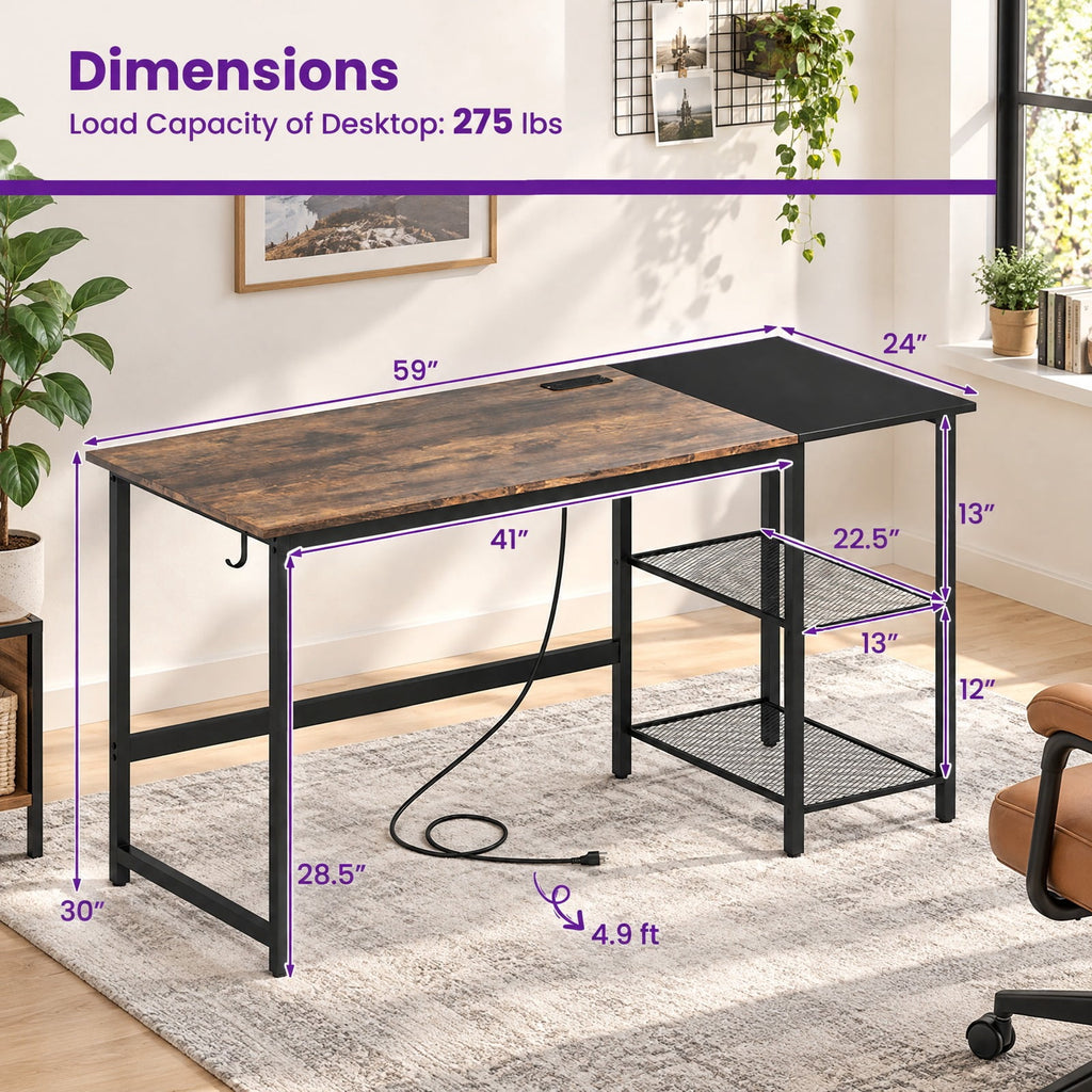Airfind 59 Inch Home Office Computer Desk with Removable Storage Shelves, 275 lbs Capacity, Metal Engineered Wood Frame, 59 x 24 x 30 Footprint