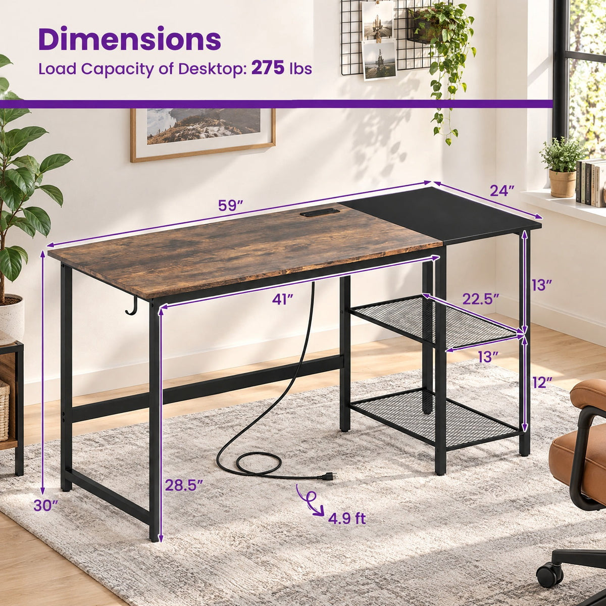 Airfind 59 Inch Home Office Computer Desk with Removable Storage Shelves, 275 lbs Capacity, Metal Engineered Wood Frame, 59 x 24 x 30 Footprint