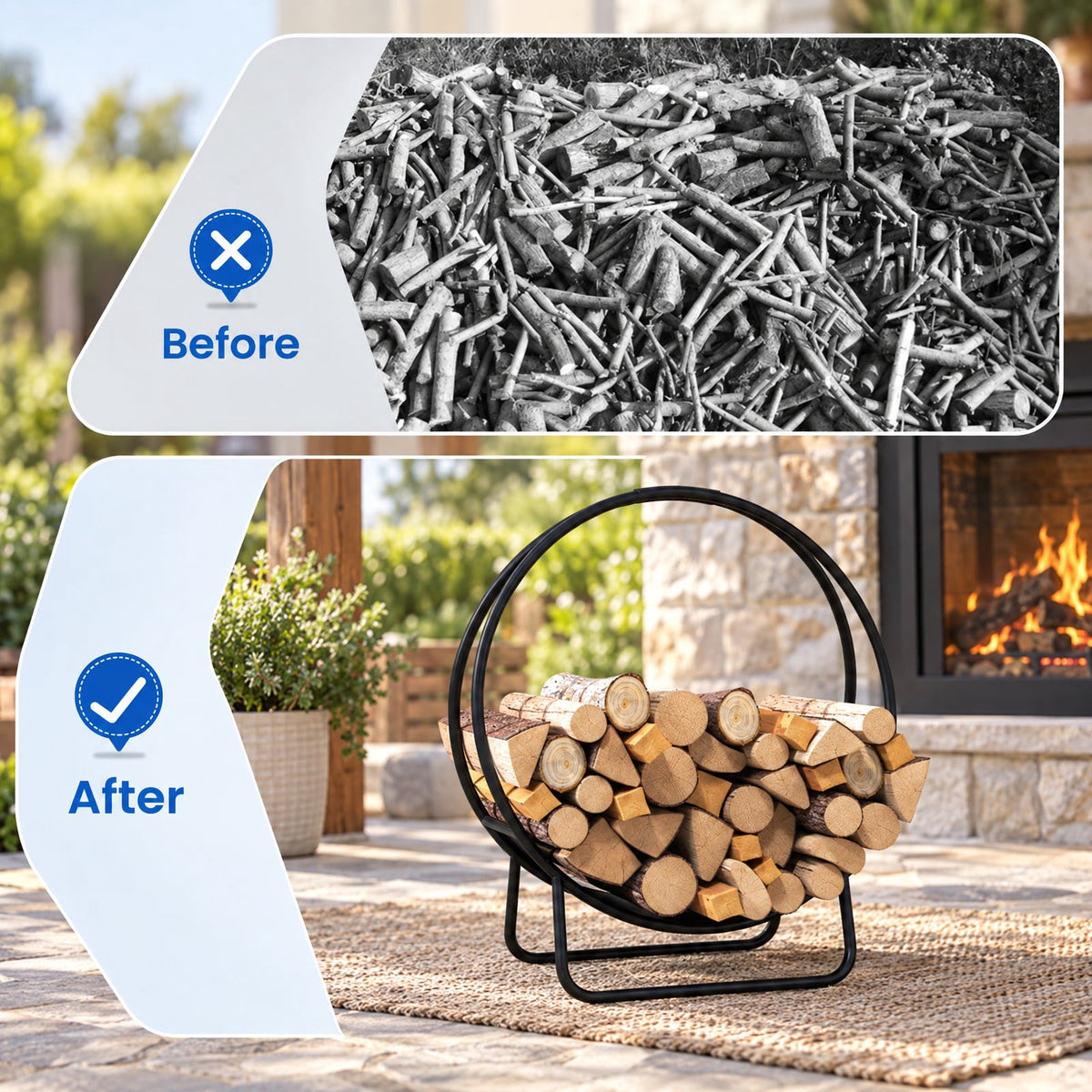Airfind Firewood Log Hoop 20 Inch Round Heavy, 55 lbs Capacity, Metal Frame, 20 x 20 x 22 Footprint, Black